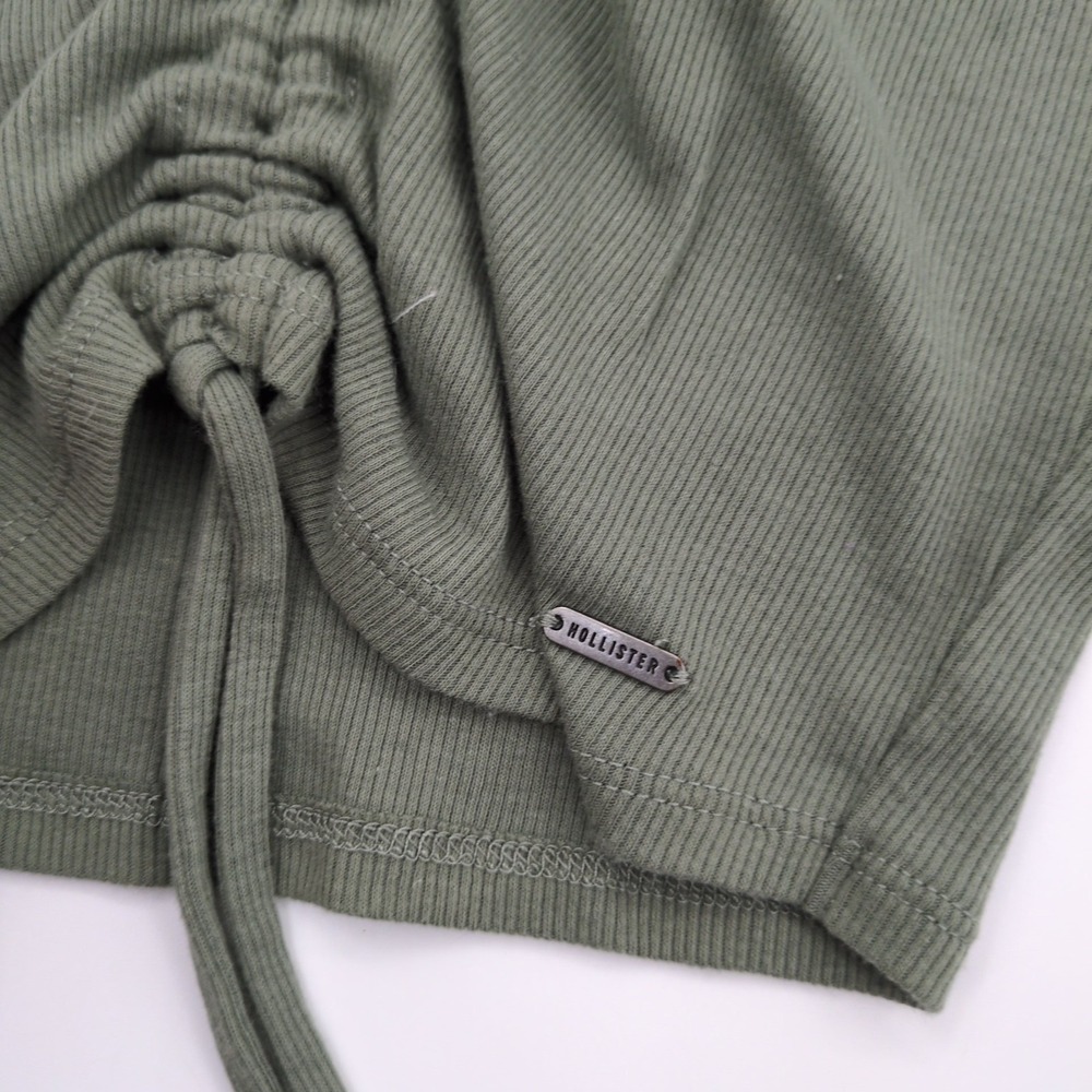 Hollister Ruched Front Crop Top Size S Olive Green Long Sleeve Drawstring Ribbed - Picture 5 of 8